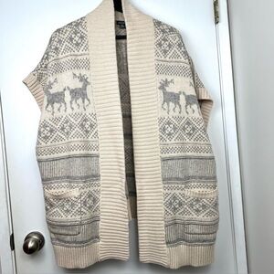 Eddie Bauer Wool Blend Nordic Knit Open Vest M/L Natural/Gray Oversized Cozy